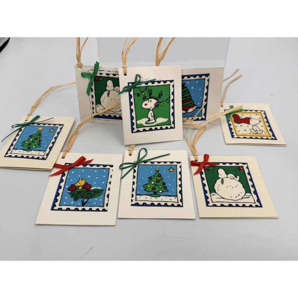 8 PC Vintage Peanuts Snoopy Woodstock Christmas Gift Tags Handmade Fabric UNUSED